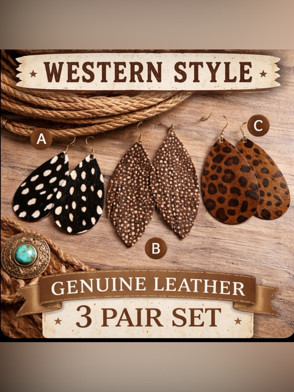 Genuine Leather Earrings 3PC Set Western Cowhide Leopard Teardrop Fringe